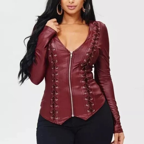 Faux Leather Lace Up Fitted Zip Front Long Sleeve Jacket Burgundy Juniors Small - Picture 4 of 6